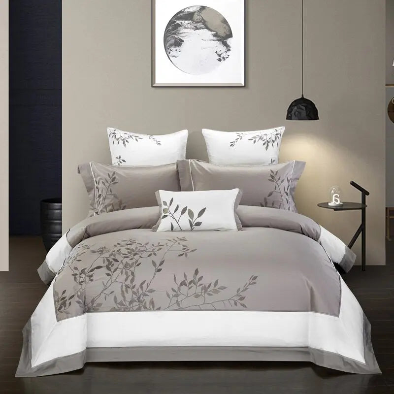 Taupe & White Embroidered Leaf Bedding mexorr